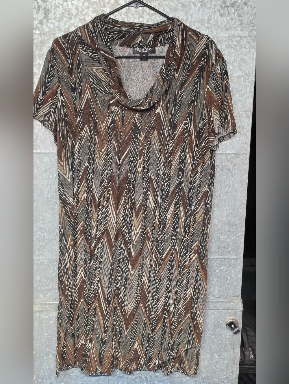 Perceptions NY Brown Retro Zig Chevron Brown Tan SS Dress Womens 14